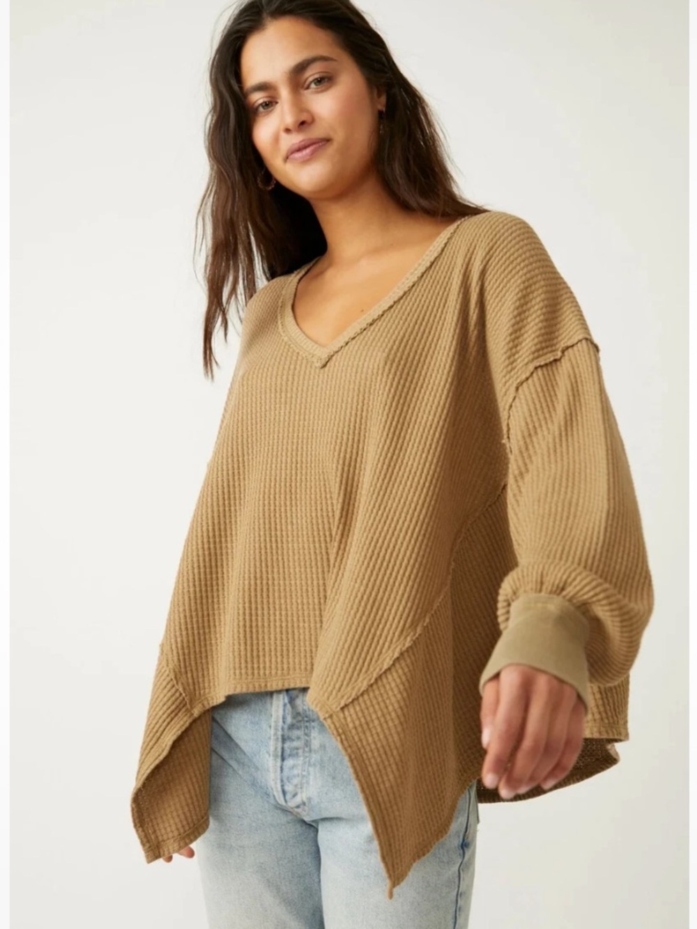Free People Coraline Thermal Sweater Olive Tapenade Cream Brown